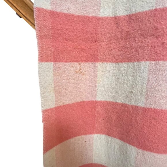 Vintage Pink & Cream Plaid Wool Camp Blanket Stripe Check Double Length 156 X 72 - Picture 6 of 9